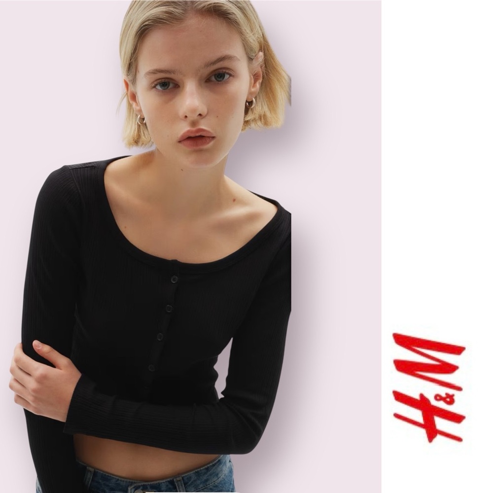 H&M Black‎ Long Sleeve Ribbed Button Front Top, Size XL, MSRP $14